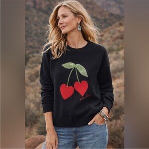Anthropologie Calligraphie Black Novelty Sweater Red Cherry Design Sequins Sz XL
